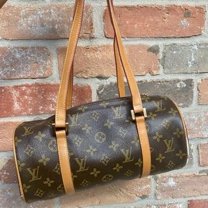 Brown and tan leather monogrammed bag